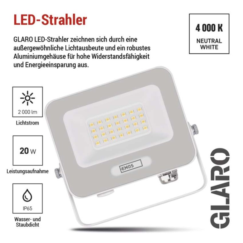 LED reflektor GLARO 20W, weiß, IP65, 2000 lm, neutralweiß
