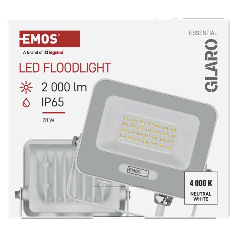 LED reflektor GLARO 20W, biely, IP65, 2000 lm, neutrálna biela