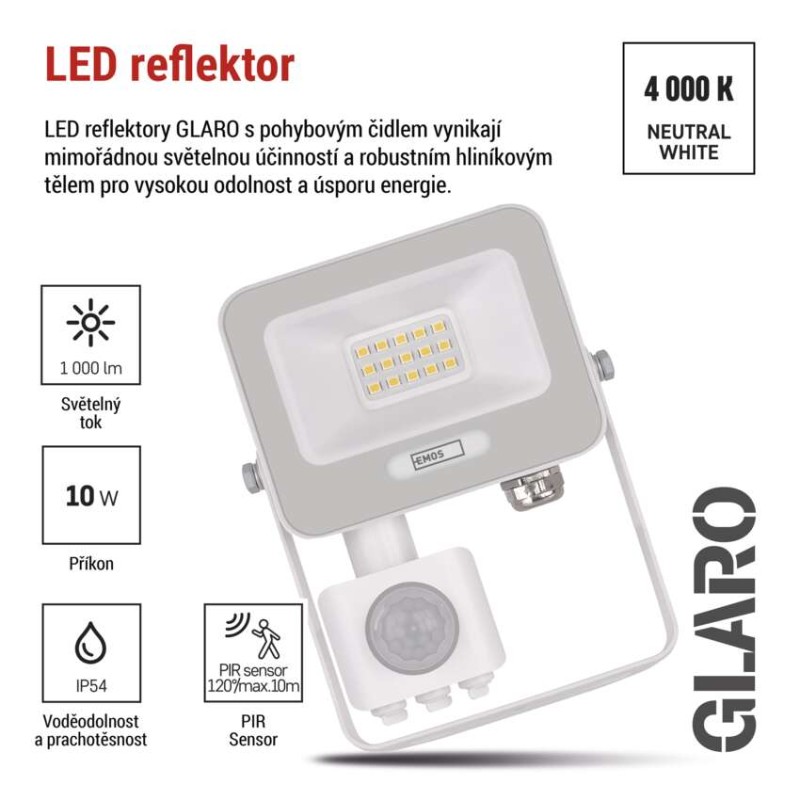 LED reflektor GLARO s pohybovým čidlem, 10 W, bílý, IP54, 1000 lm, neutrální bílá