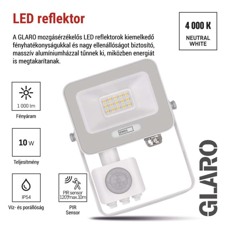 LED reflektor GLARO PIR 10 W, fehér, IP54, 1000 lm, természetes fehér
