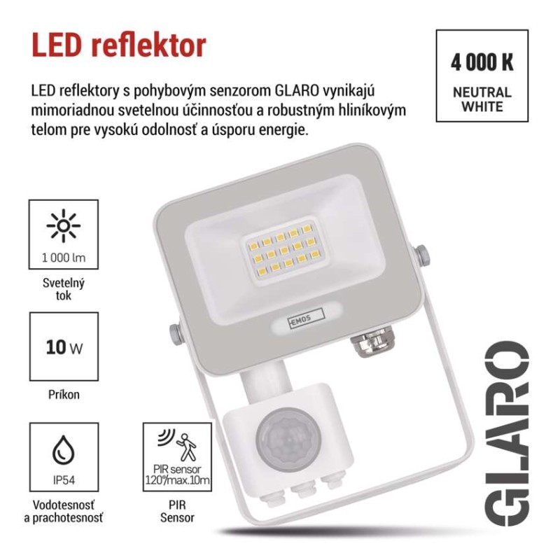 LED reflektor GLARO s pohybovým čidlom, 10 W, biely, IP54, 1000 lm, neutrálna biela