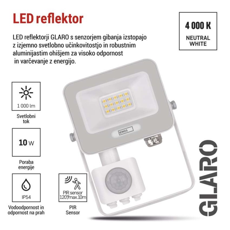LED reflektor GLARO PIR 10 W, bel, IP54, 1000 lm, nevtralna bela