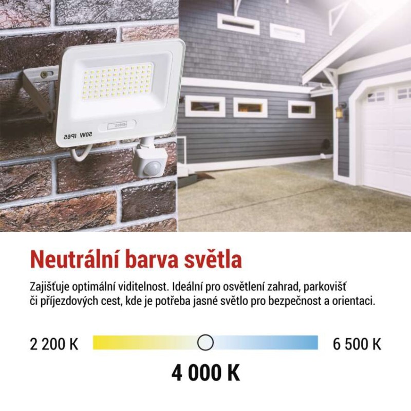 LED reflektor GLARO s pohybovým čidlem, 10 W, bílý, IP54, 1000 lm, neutrální bílá