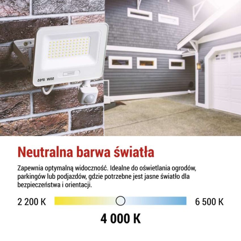 Naświetlacz LED GLARO PIR 10 W, biały, IP54, 1000 lm, neutralna biel