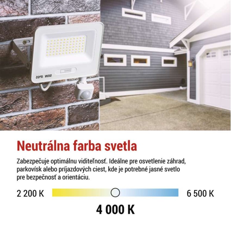 LED reflektor GLARO s pohybovým čidlom, 10 W, biely, IP54, 1000 lm, neutrálna biela