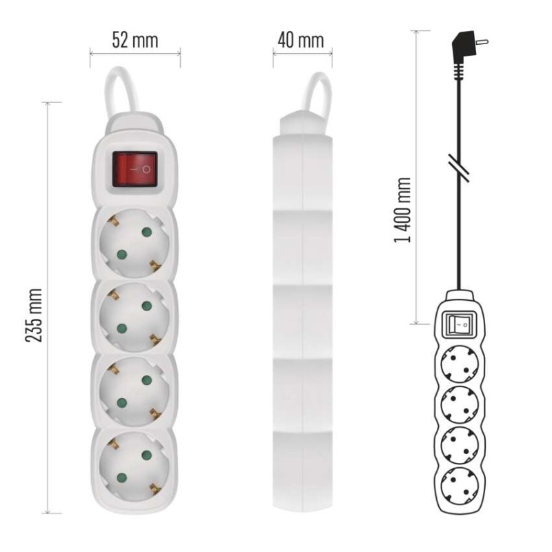 Hosszabbító 2 m / 4 aljzat / kapcsolós / fehér / PVC / 1 mm2