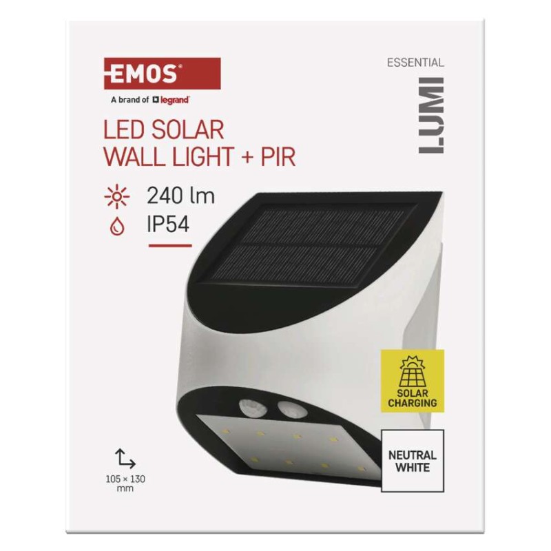 EMOS LED SOLAR lámpatest LUMI PIR, 240lm IP54 természetes fehér