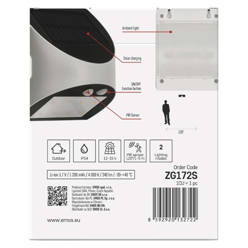 EMOS LED SOLAR lámpatest LUMI PIR, 240lm IP54 természetes fehér