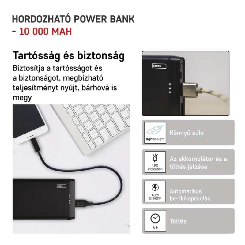 EMOS Powerbank ALPHA 10S, 10 000 mAh, 10 W, fekete