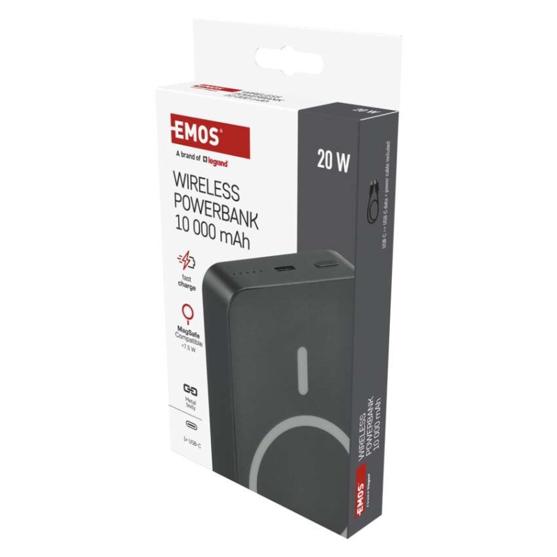 EMOS Powerbank WI 1046, 10 000 mAh, 20 W+Wireless, szürke