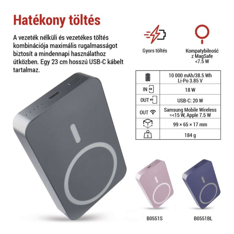 EMOS Powerbank WI 1046, 10 000 mAh, 20 W+Wireless, szürke