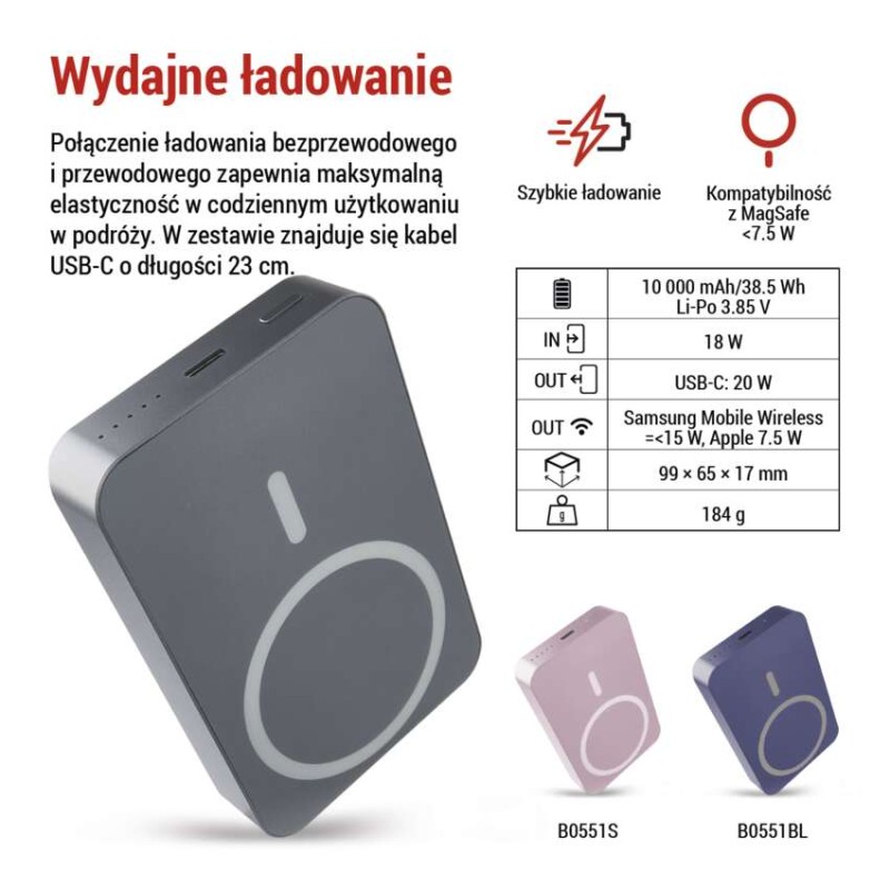 Powerbank EMOS WI 1046, 10 000 mAh, 20 W+Wireless, szary