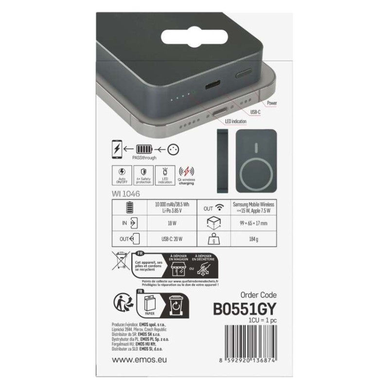 EMOS Powerbank WI 1046, 10 000 mAh, 20 W+Wireless, szürke