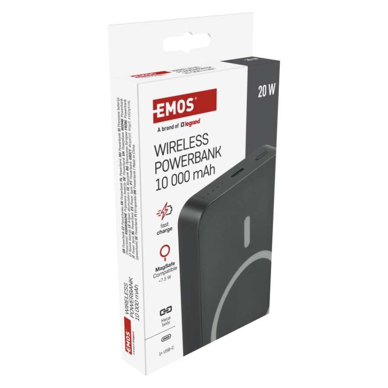 EMOS Powerbank WI 1046, 10 000 mAh, 20 W+Wireless, szürke