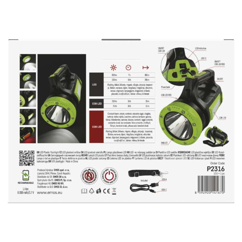 LED nabíjecí svítilna P2316, 850 lm, 8000 mAh