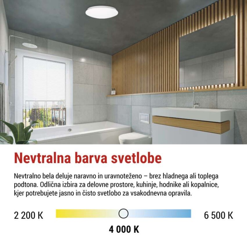 LED stropna svetilka TIVI, A CLASS, MW sensor, okrogla bela 8,6W, IP44, Nevtralna bela