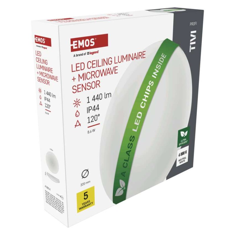 Oprawa sufitowa LED TIVI, MW sensor, okrągła biała 8,6W, IP44, neutralna biel, czujnik MW