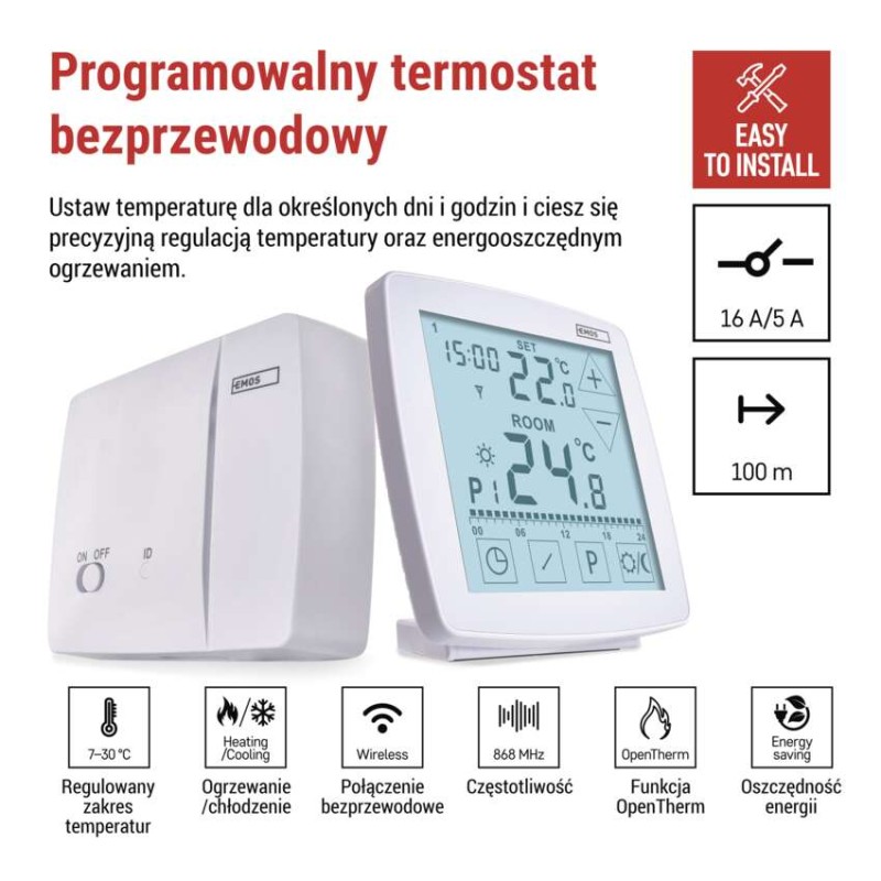 Termostat bezprzewodowy, pokojowy, programowalny z OpenTherm, P56A11