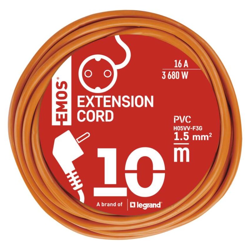 Pagarinātājs, 10 m / 1 kontaktligzda / oranžs / PVH / 250 V / 1,5 mm2