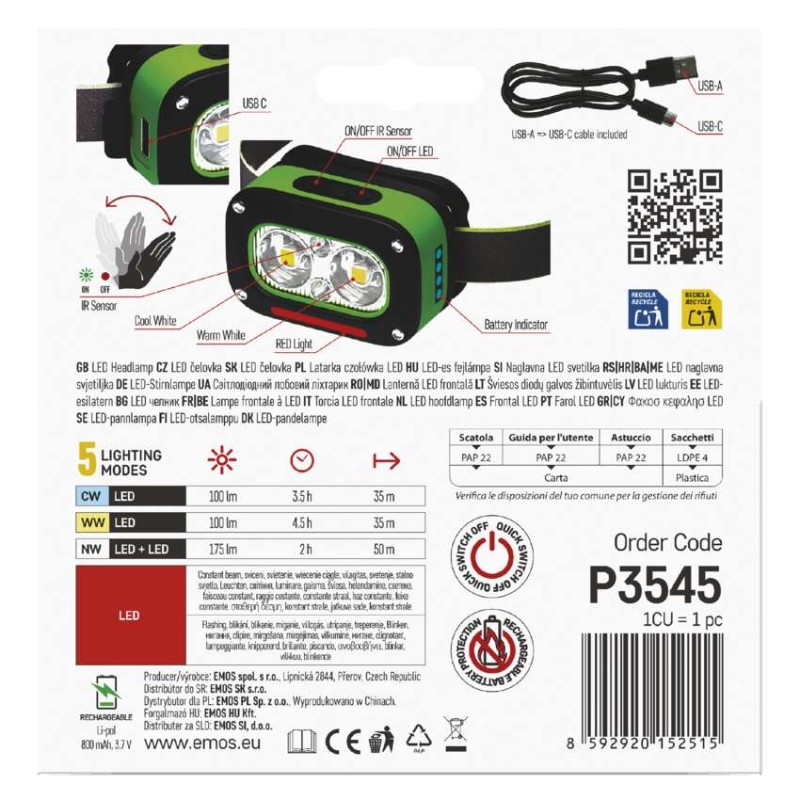 LED nabíjecí čelovka P3545, 175 lm, 50 m, Li-Pol 800 mAh