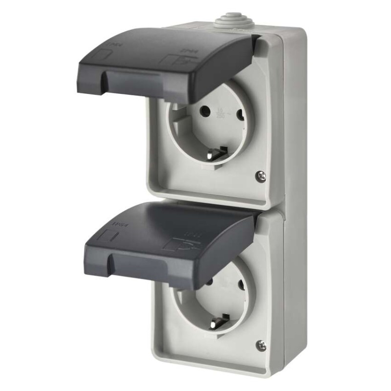 Wandsteckdose doppelt, grau-schwarz, IP44