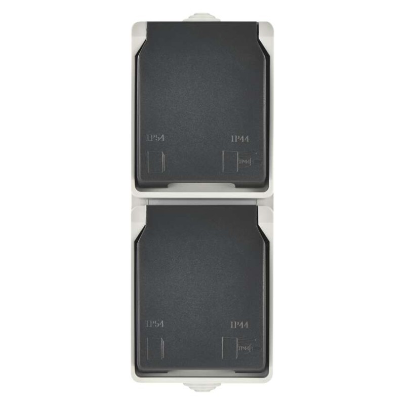 Wandsteckdose doppelt, grau-schwarz, IP44