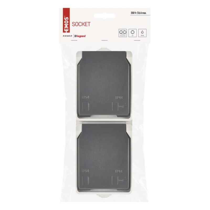 Wandsteckdose doppelt, grau-schwarz, IP44