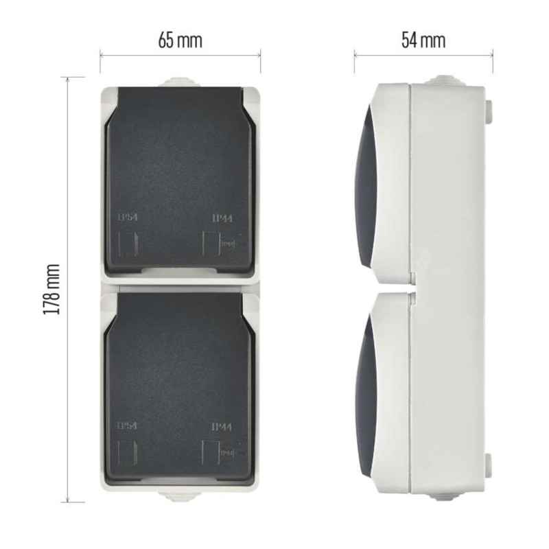 Wandsteckdose doppelt, grau-schwarz, IP44