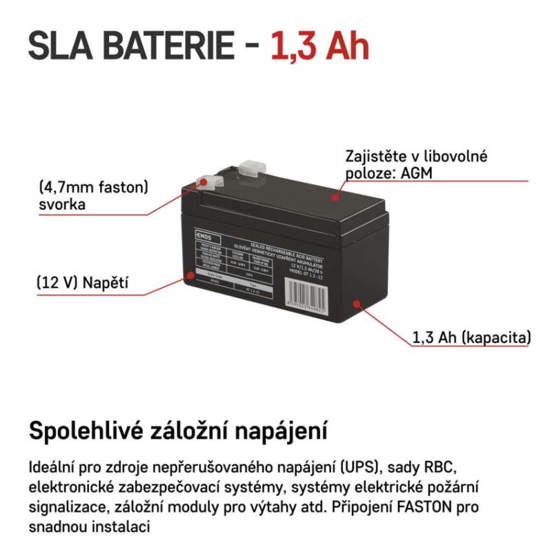 Bezúdržbový olověný akumulátor 12 V/1,3 Ah, faston 4,7 mm