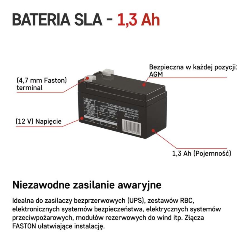 Akumulator AGM 12V 1,3Ah faston 4,7