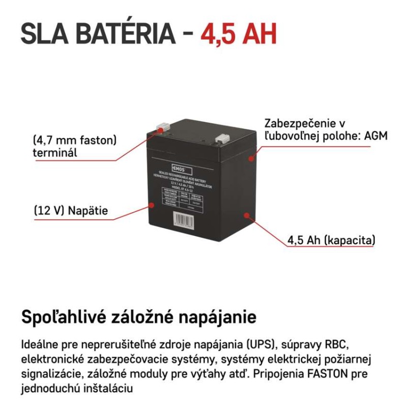 Bezúdržbový olovený akumulátor 12 V/4,5 Ah, faston 4,7 mm