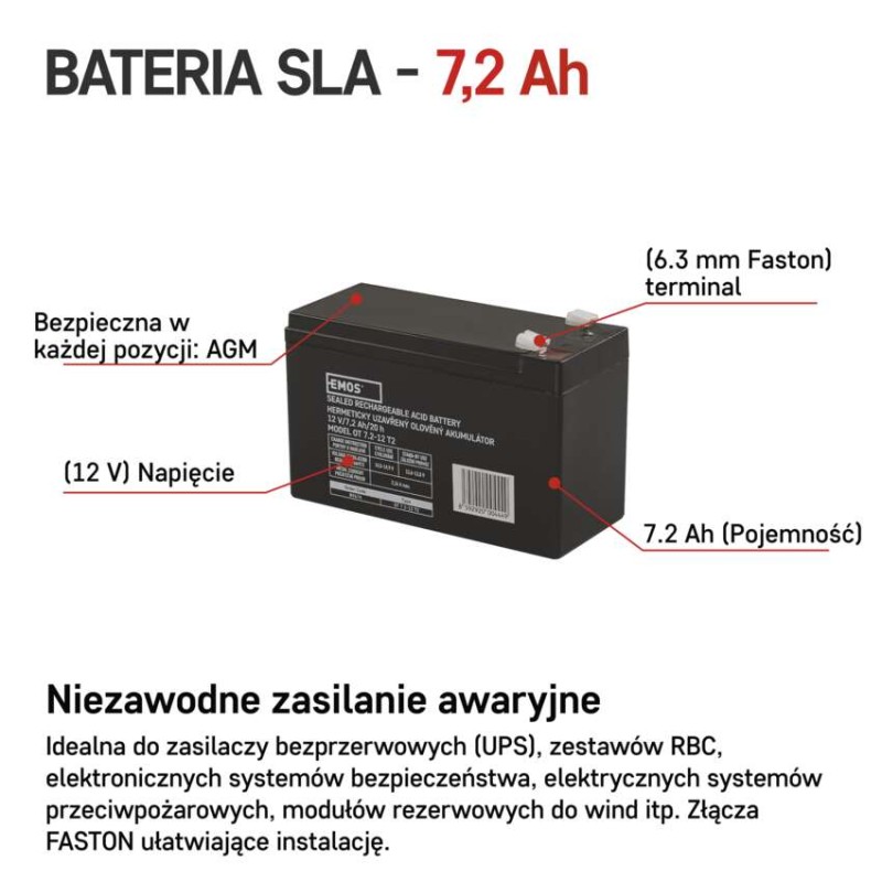 Akumulator AGM 12V 7,2Ah faston 6,3