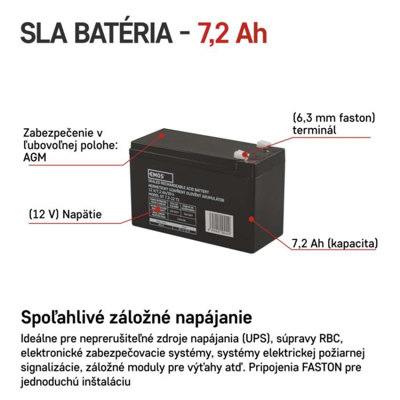 Bezúdržbový olovený akumulátor 12 V/7,2 Ah, faston 6,3 mm