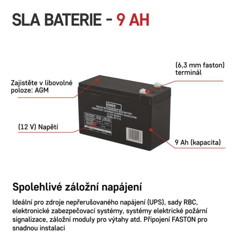Bezúdržbový olověný akumulátor 12 V/9 Ah, faston 6,3 mm