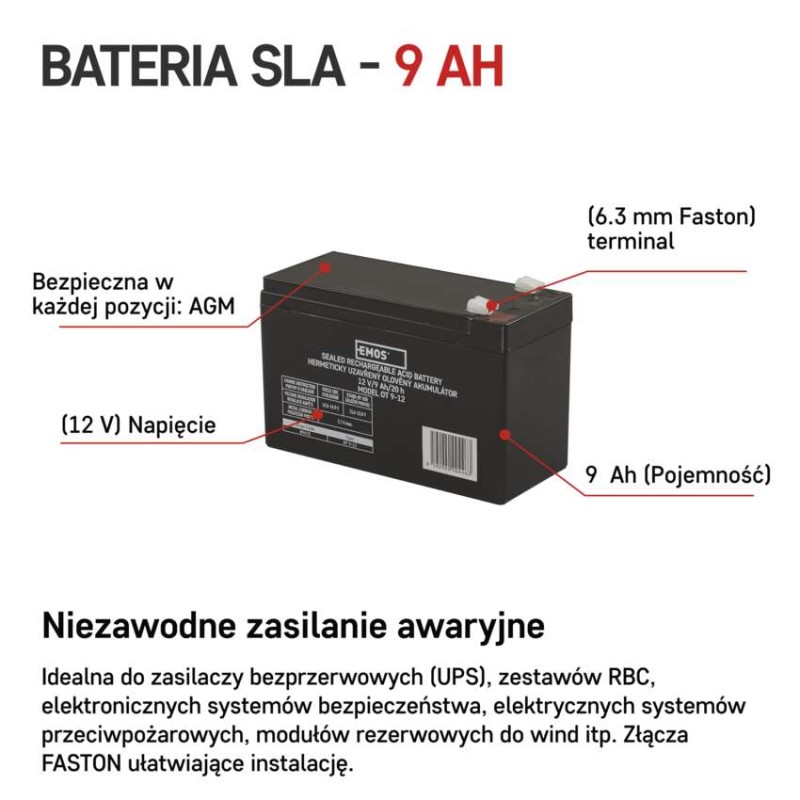 Akumulator AGM 12V 9Ah faston 6,3