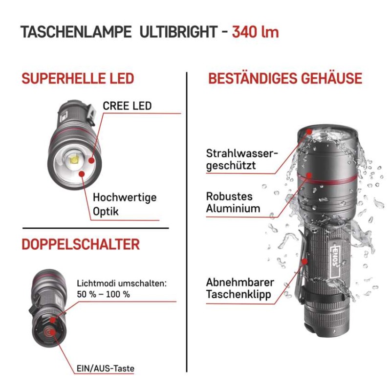 CREE LED Metall-Taschenlampe Ultibright 70, 340lm, 3xAAA