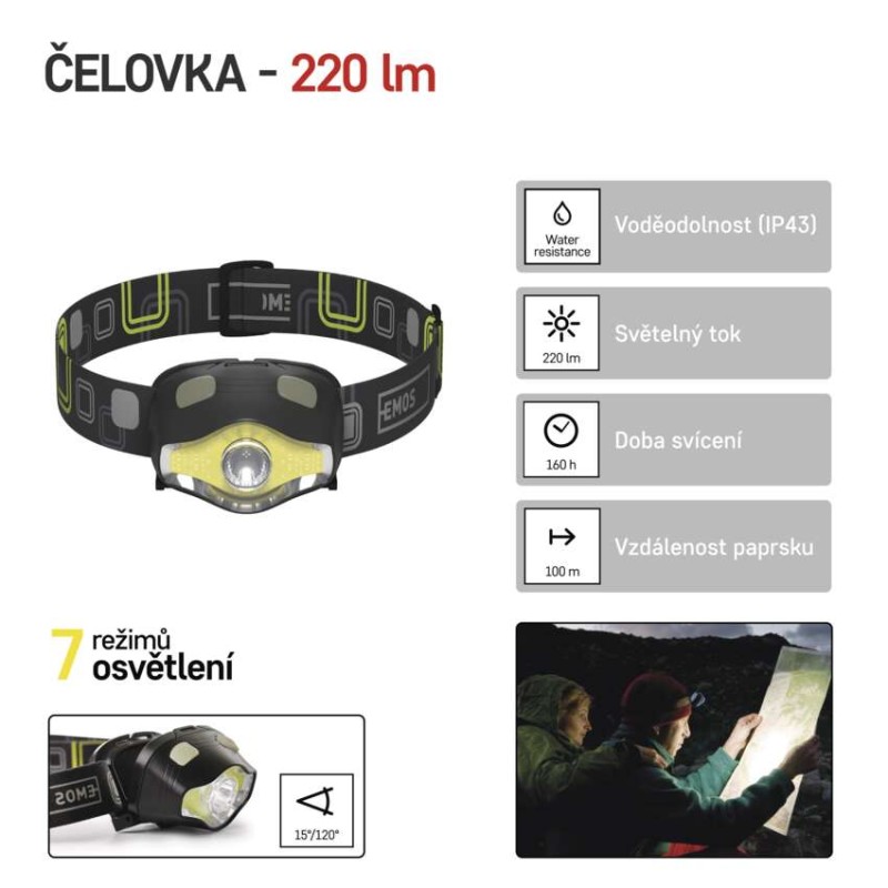 COB LED + LED čelovka P3536, 220 lm, 100 m, 3x AAA