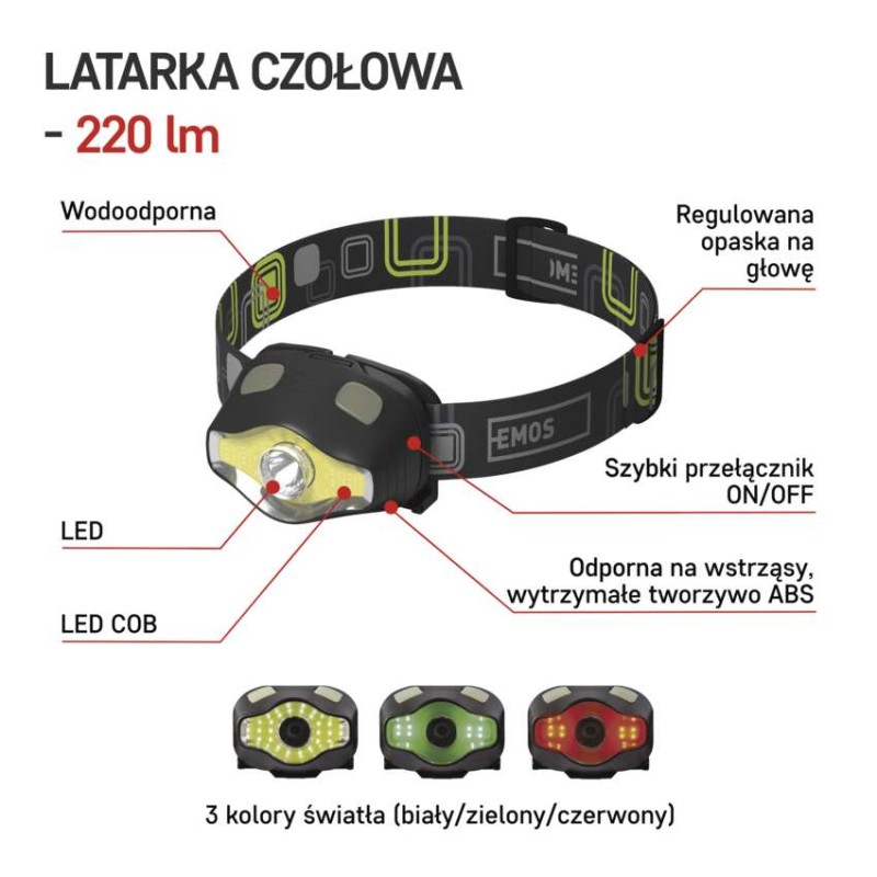 Latarka czołowa LED COB 3W + LED 3W, 220 lm, 100m 3× AAA