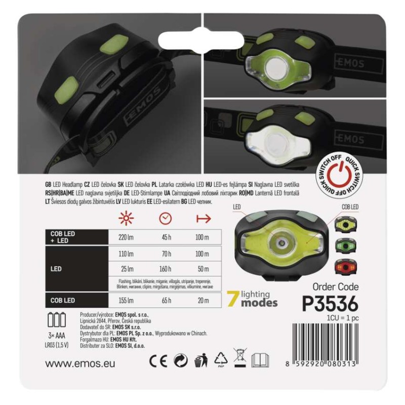 COB LED + LED čelovka P3536, 220 lm, 100 m, 3x AAA