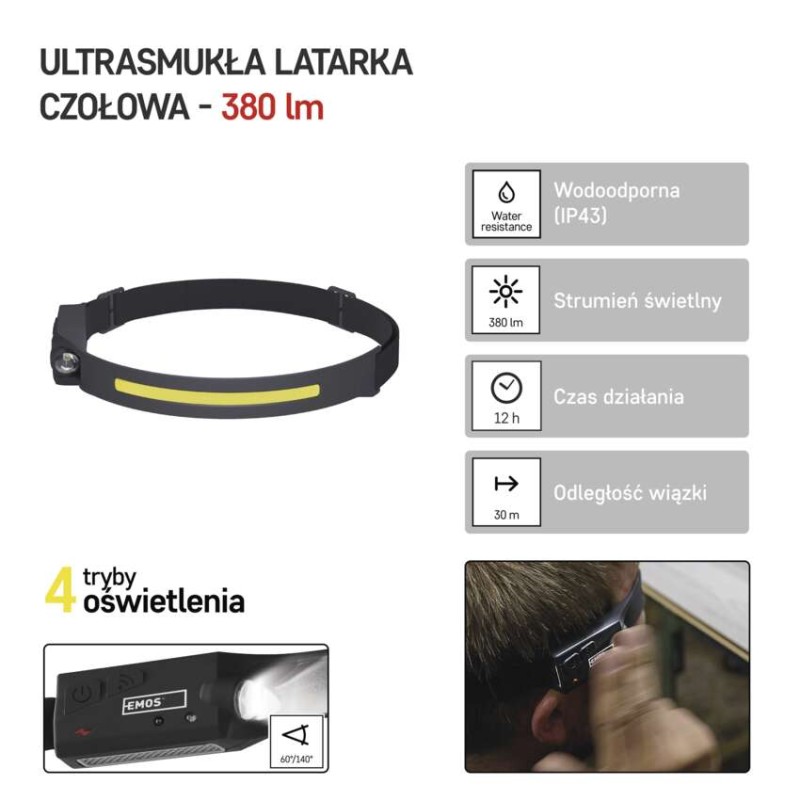 Latarka czołowa LED COB, 380 lm Li-Pol 1200mAh ładowalna