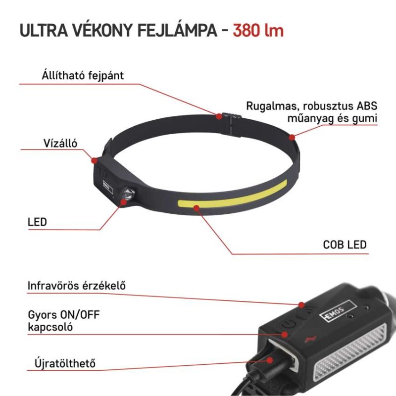 EMOS CREE LED Fejlámpa tölthető 380 lm, Li-Pol 1200 mAh