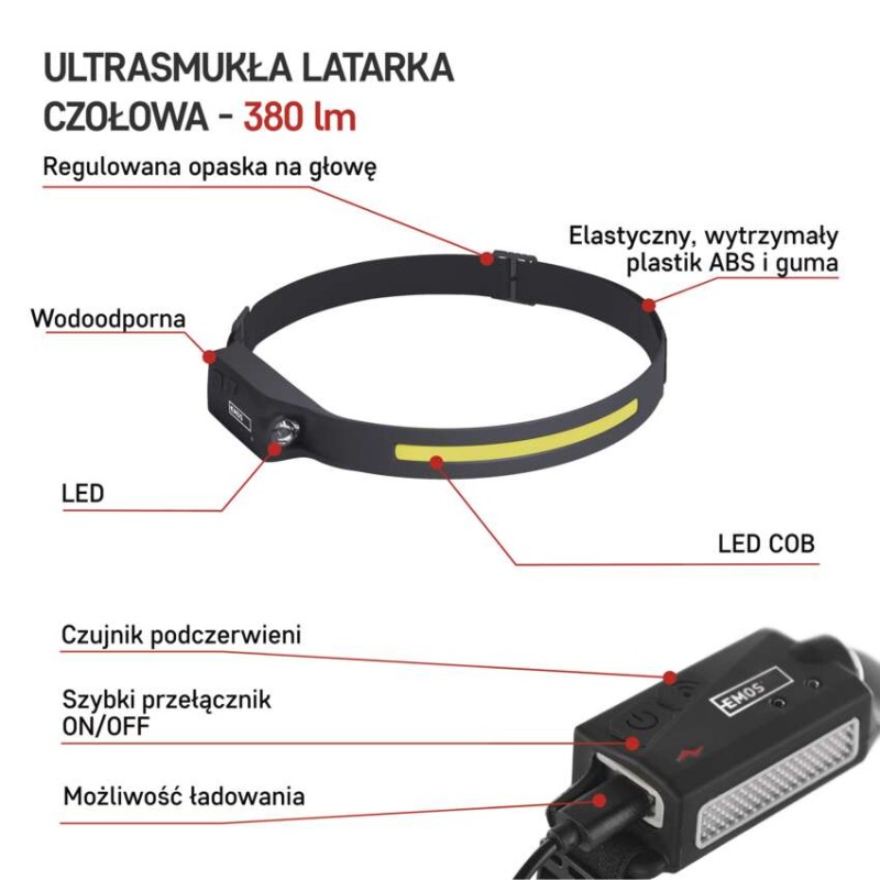 Latarka czołowa LED COB, 380 lm Li-Pol 1200mAh ładowalna