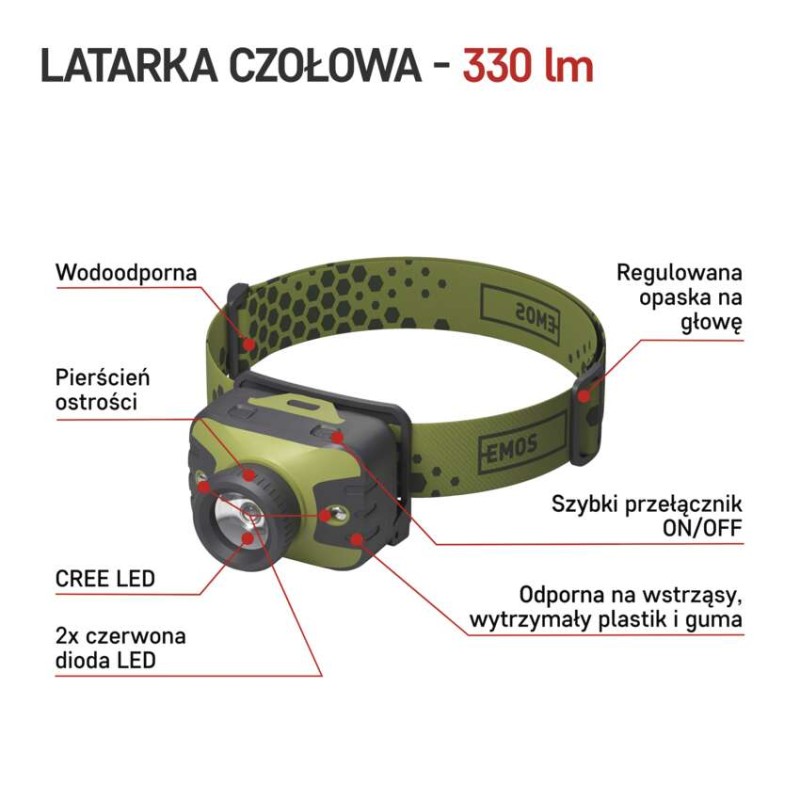 Latarka czołowa LED CREE 330 lm, 200m 3x AAA z zoomem