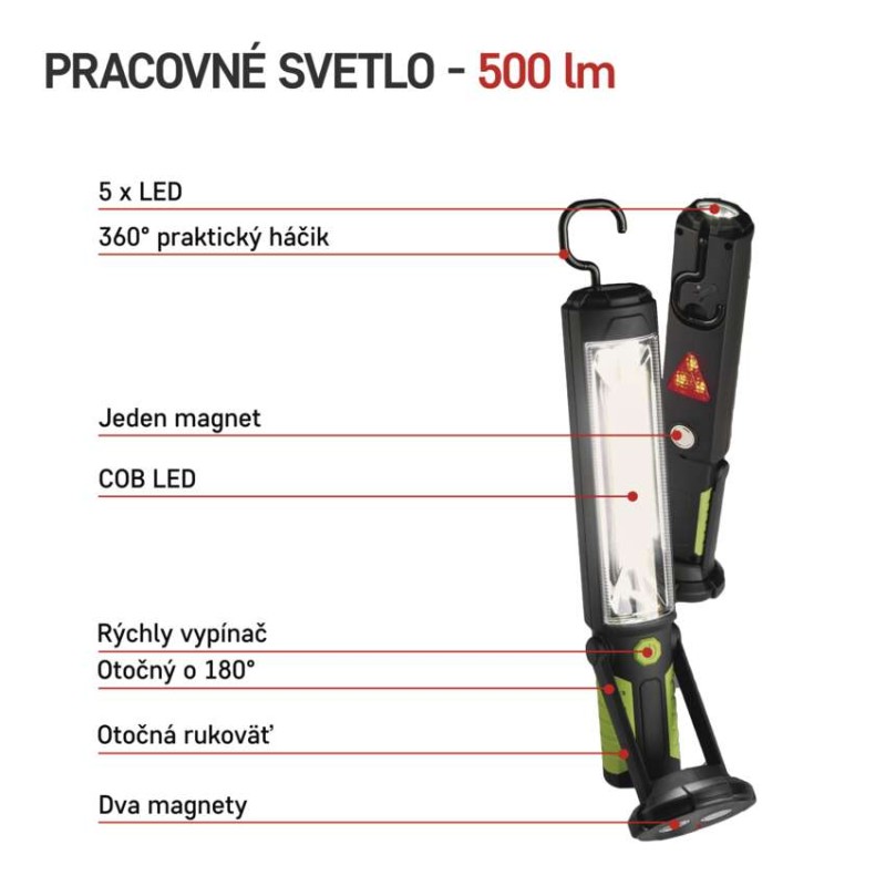 COB LED + LED pracovné svietid. P4525,500 lm,Li-Ion 2000 mAh