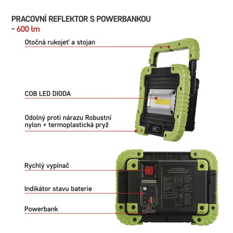 COB LED nabíjecí pracovní reflektor P4534, 600 lm, 3000 mAh