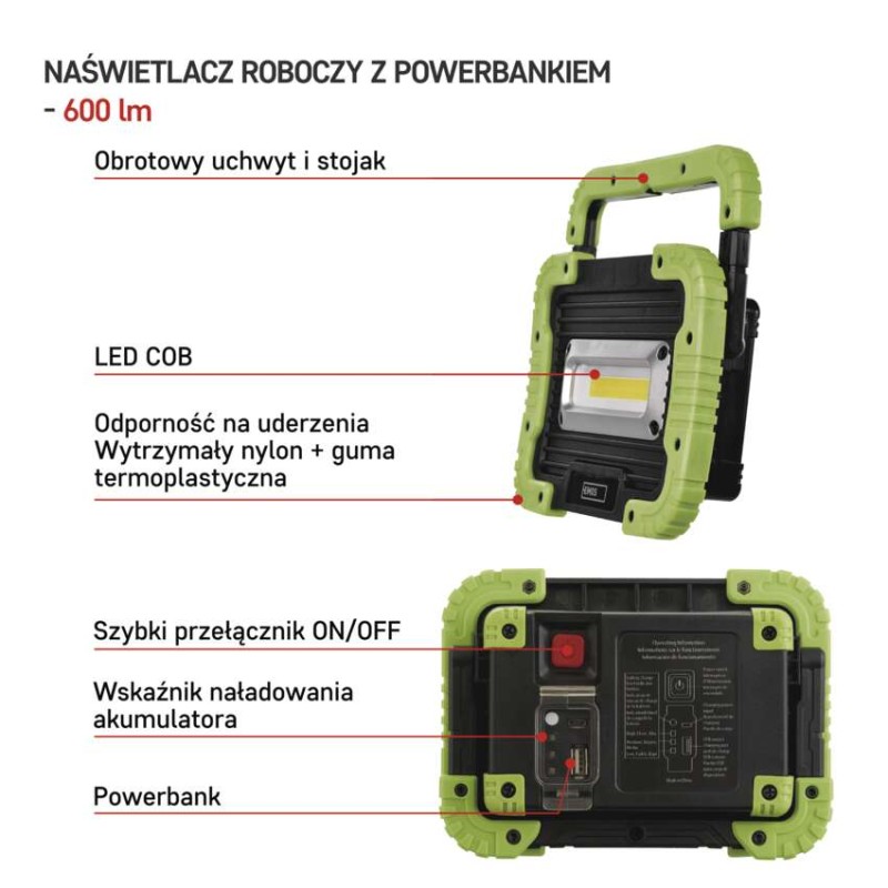 Naświetlacz LED 5W COB, 600lm powerbank 3000 mAh ładowalny