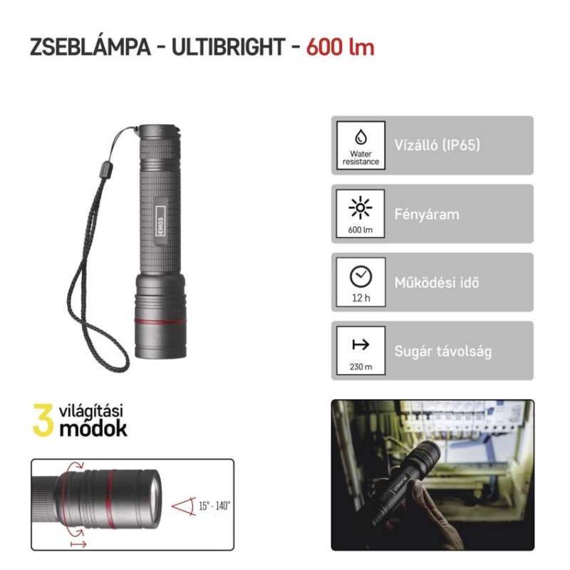 EMOS ULTIBRIGHT 80 CREE LED tölthető fém zseblámpa 600lm