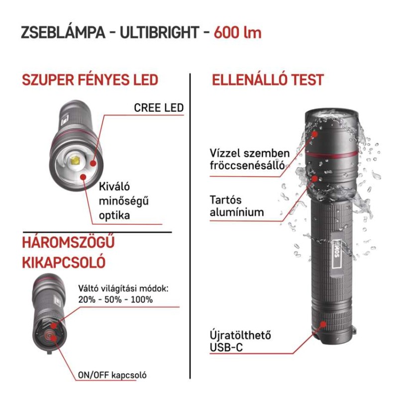 EMOS ULTIBRIGHT 80 CREE LED tölthető fém zseblámpa 600lm