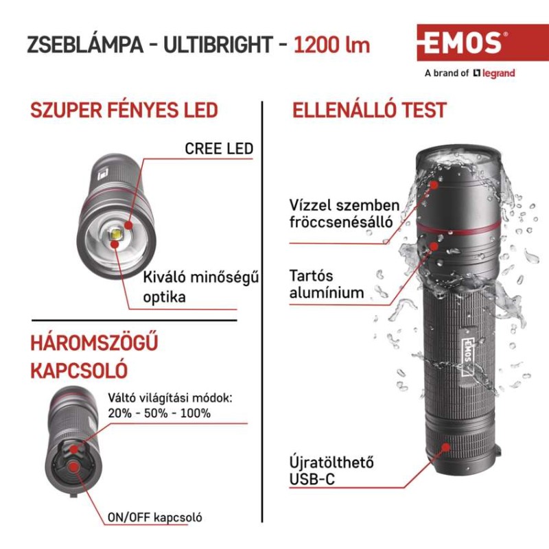 EMOS ULTIBRIGHT 90 CREE LED tölthető fém zseblámpa 1200lm
