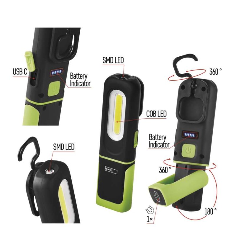 COB LED + SMD LED nabíjecí svítilna P4537, 330 lm, 1200 mAh